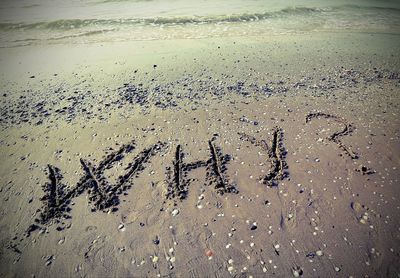 Text written on sand at beach