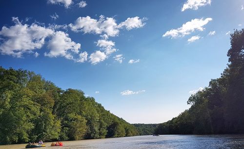 Scenic view of lake by trees against sky