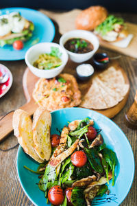 High angle view of meal served on table