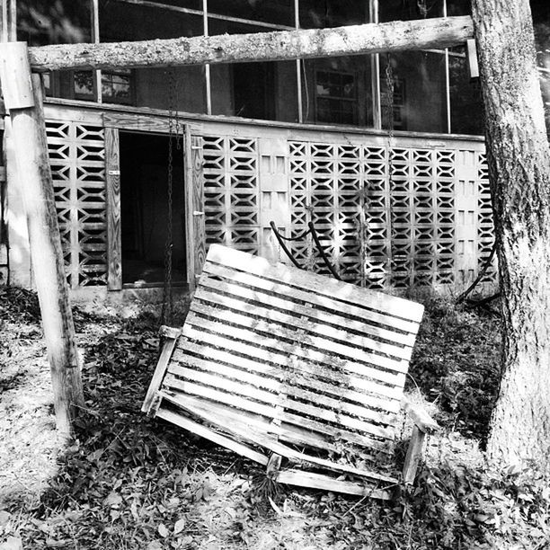 bench, chair, abandoned, empty, absence, wood - material, day, seat, grass, built structure, tree, old, text, outdoors, damaged, relaxation, no people, obsolete, plant, architecture