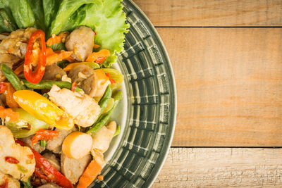 High angle view of meal served on table