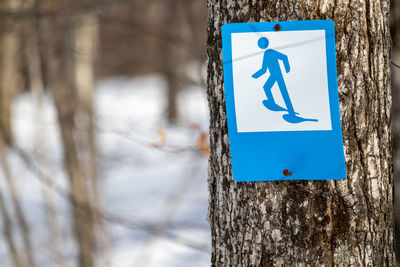 A snowshoe trail marker sign nailed to a tree trunk