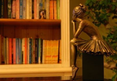 Close-up of statue against books in library