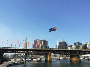 Bridge over river against sky in city