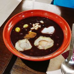 Close-up of soup in bowl on table