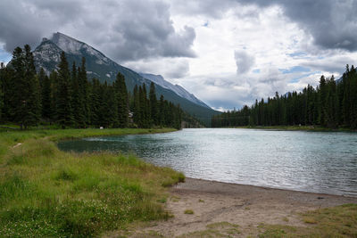 Scenic view of lake and mountains against sky