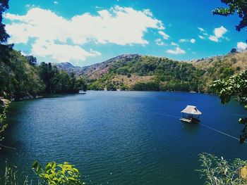 Scenic view of lake and mountains against sky