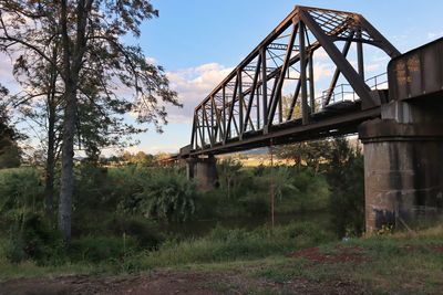 Low angle view of bridge in forest against sky