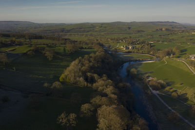 High angle view of land against sky