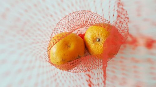 Directly above view of oranges in netting