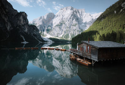 Scenic view of lake and snowcapped mountains against sky