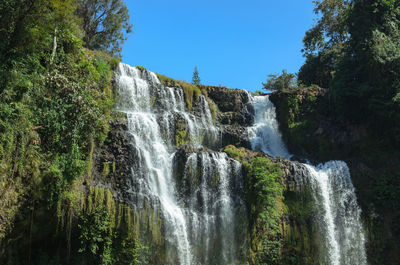 Low angle view of waterfall in forest against sky