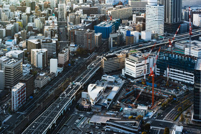 High angle view of modern buildings in city