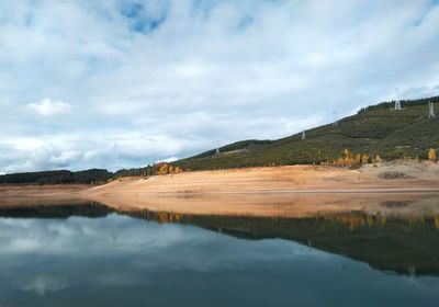 Scenic view of lake and mountains against sky