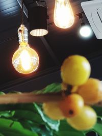 Low angle view of illuminated light bulb