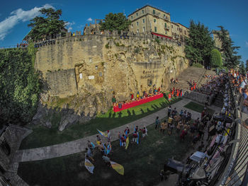 High angle view of people at town square