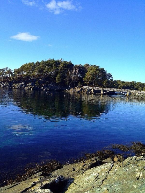 water, blue, tree, sky, tranquility, tranquil scene, lake, scenics, reflection, nature, beauty in nature, built structure, river, clear sky, architecture, rock - object, building exterior, day, lakeshore, sunlight