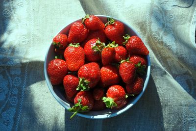 High angle view of strawberries in bowl