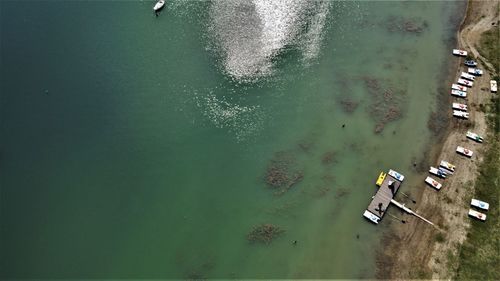 High angle view of boats moored in sea