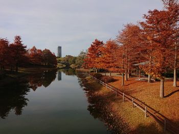 Reflection of trees in lake against sky during autumn