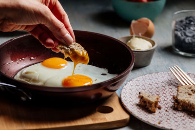 Fried egg. view of two fried eggs on a frying pan. ready to eat with breakfast or lunch