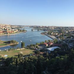 High angle view of river and townscape against clear sky