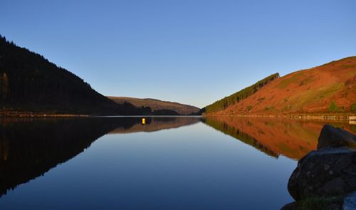 Scenic view of lake by mountains against clear blue sky