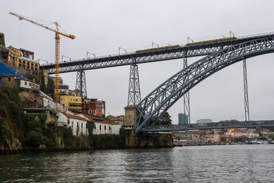 Bridge over river by buildings against sky