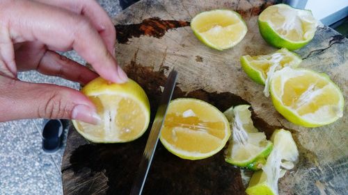 High angle view of person preparing food