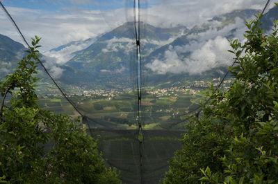 Shaded orchard with alpine mountain background and high angle village view