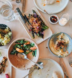 High angle view of breakfast served on table