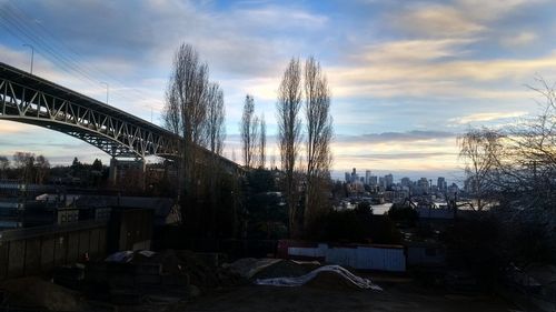 Bare trees against sky in city