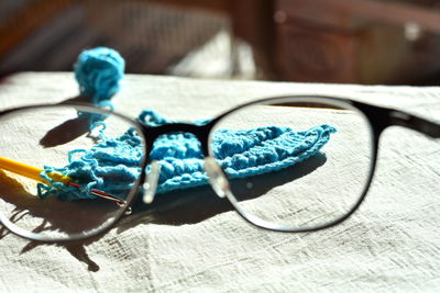 High angle view of eyeglasses on table