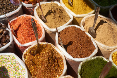 High angle view of spices for sale at market stall