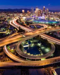 High angle view of city street at night