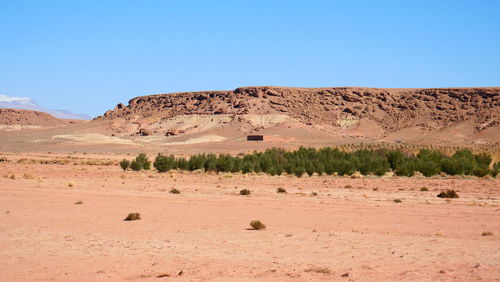 Scenic view of desert against clear blue sky