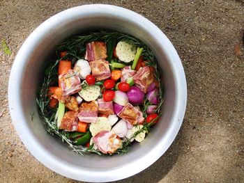 High angle view of chopped fruits in bowl