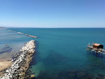 Scenic view of sea against clear blue sky