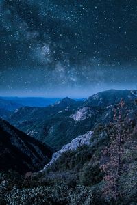 Scenic view of mountains against sky at night