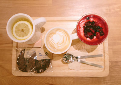 High angle view of breakfast on table