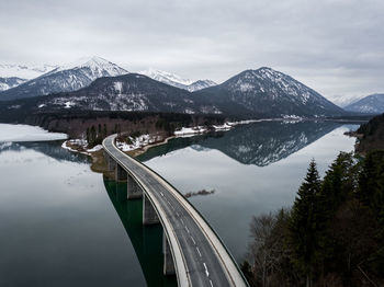 Scenic view of lake by snowcapped mountains against sky