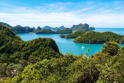 Scenic view of bay against sky