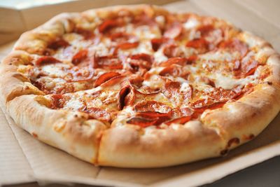 High angle view of pizza on table