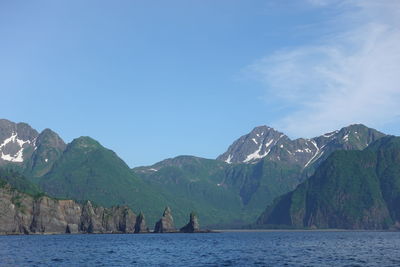 Scenic view of sea by mountains against sky