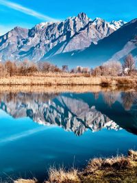 Scenic view of lake by snowcapped mountains against sky