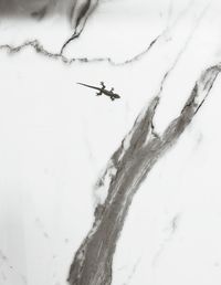 Close-up of airplane flying during winter