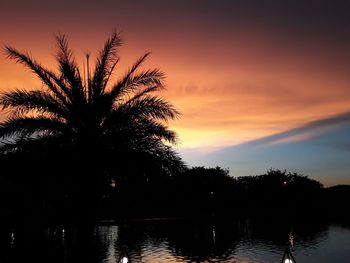 Silhouette trees by lake against sky during sunset