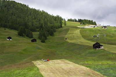 People on grassy field against sky