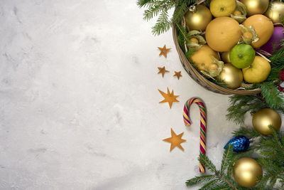 High angle view of christmas decorations on table
