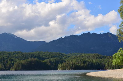 Scenic view of lake and mountains against sky